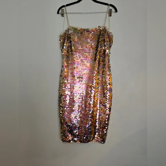 slim fit dress slacks Pink sequined midi dress
